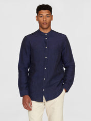 regular linen stand collar shirt yarndyed - total eclipse