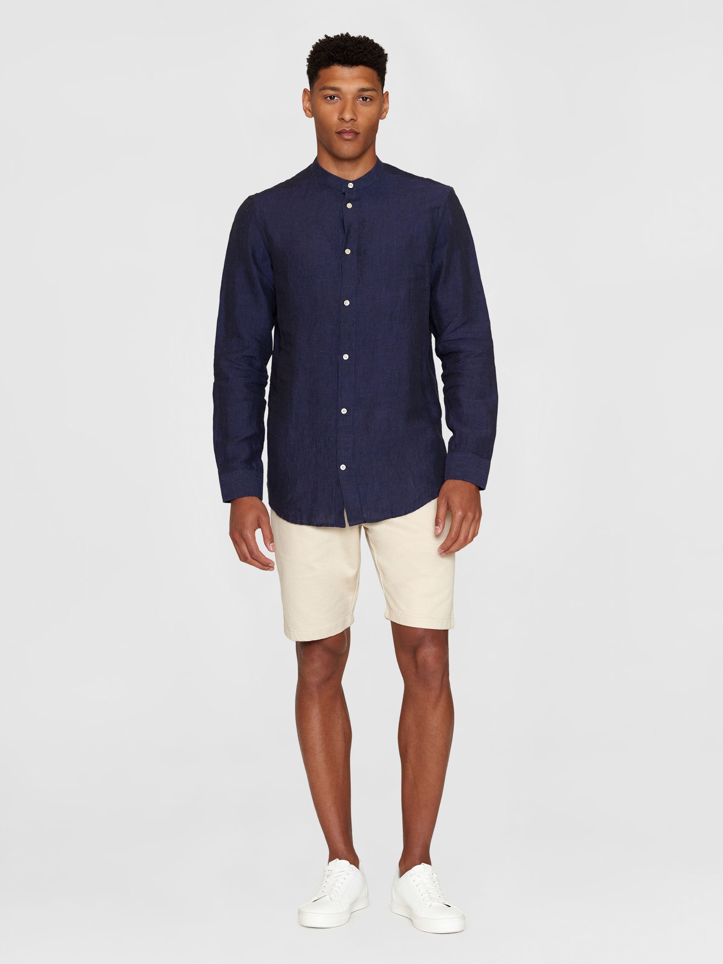 regular linen stand collar shirt yarndyed - total eclipse