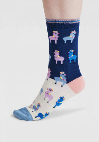 clara rainbow llama organic cotton socks violet blue