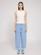 printed barrel leg denim pants light blue wash/printed