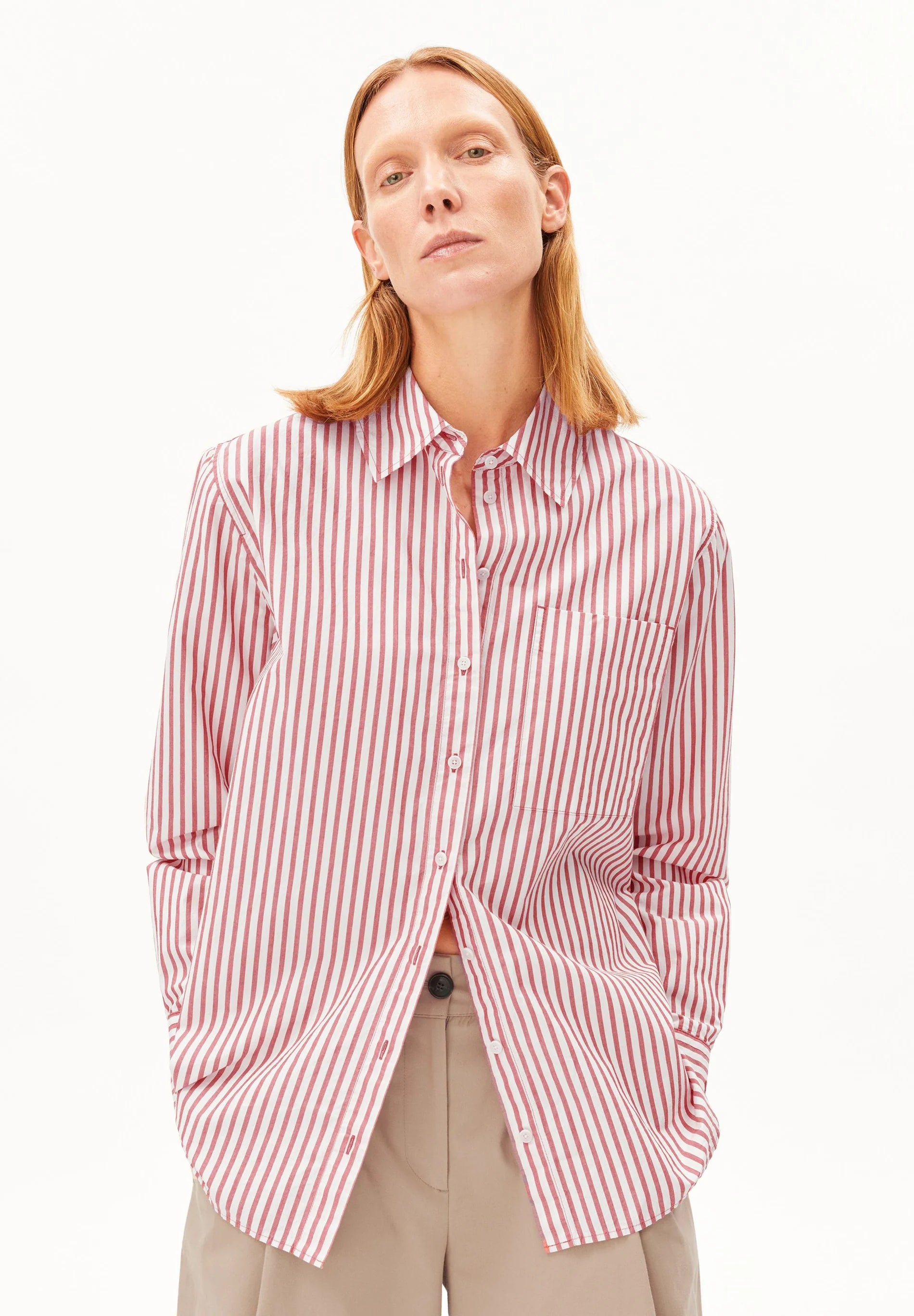 stripe loose shirt blouse oatmilk-mars red
