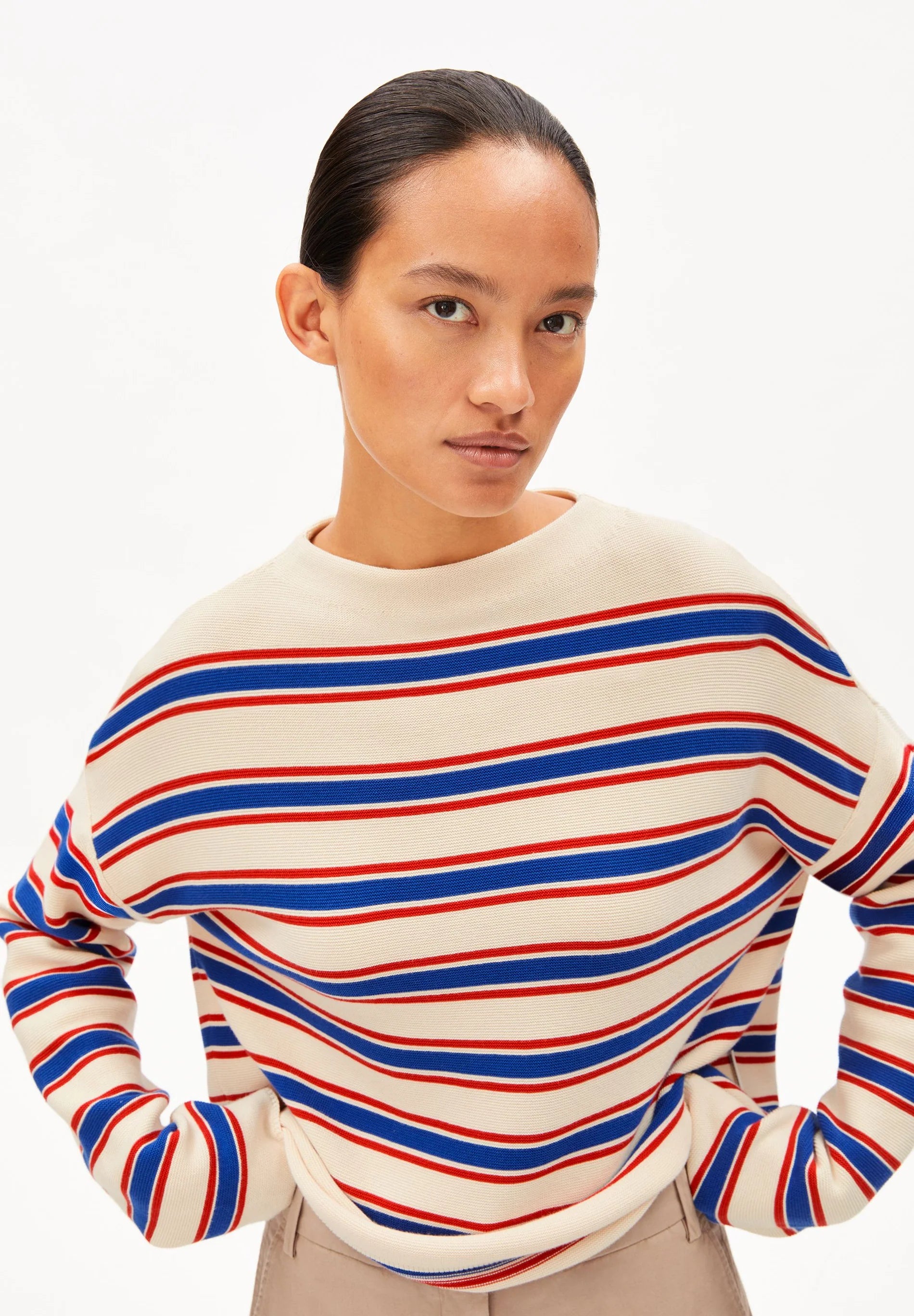 merinaa stripes knit sweater oatmilk-mars red-dynamo blue