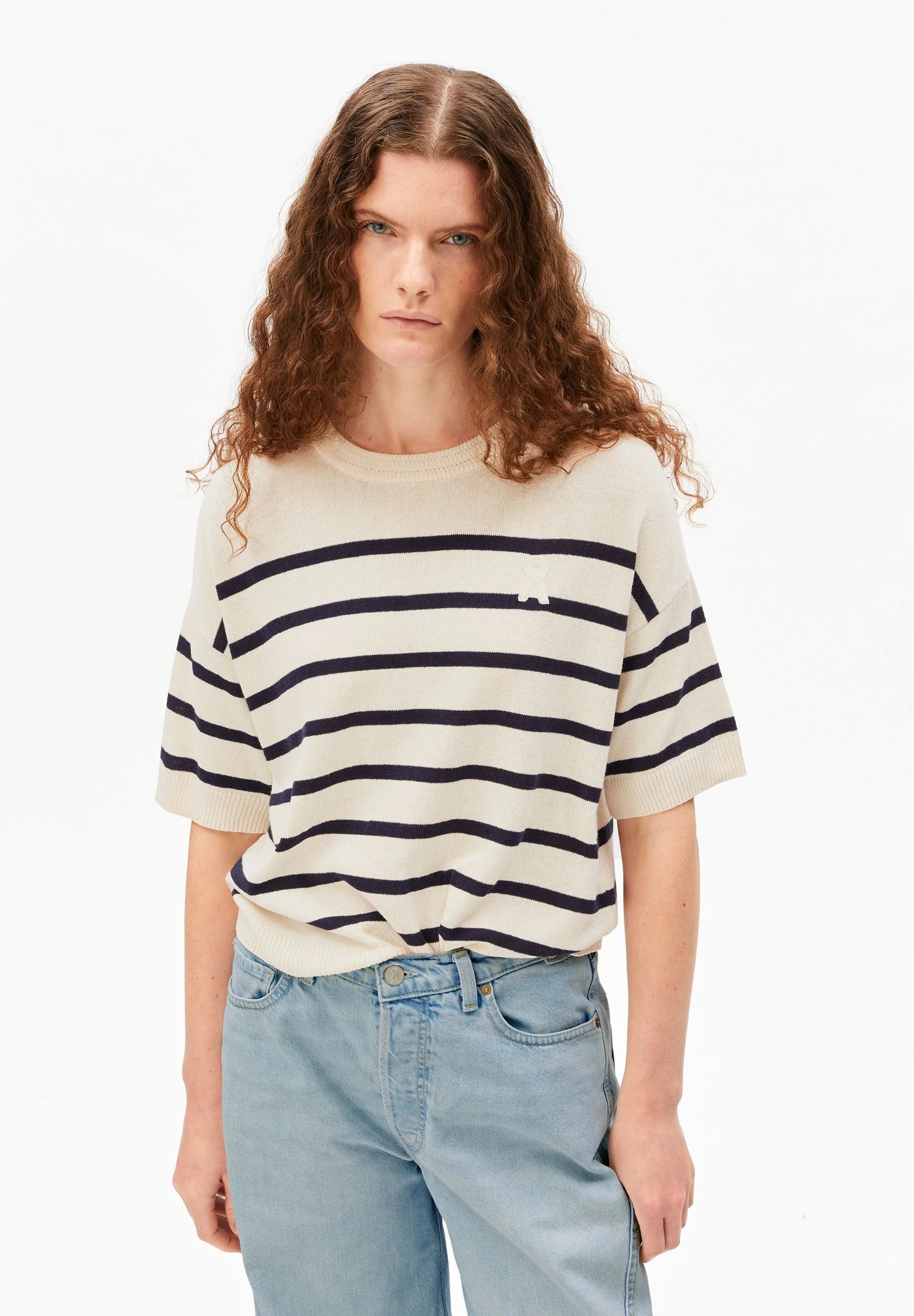 stripe linen blend sweater undyed-tinted navy
