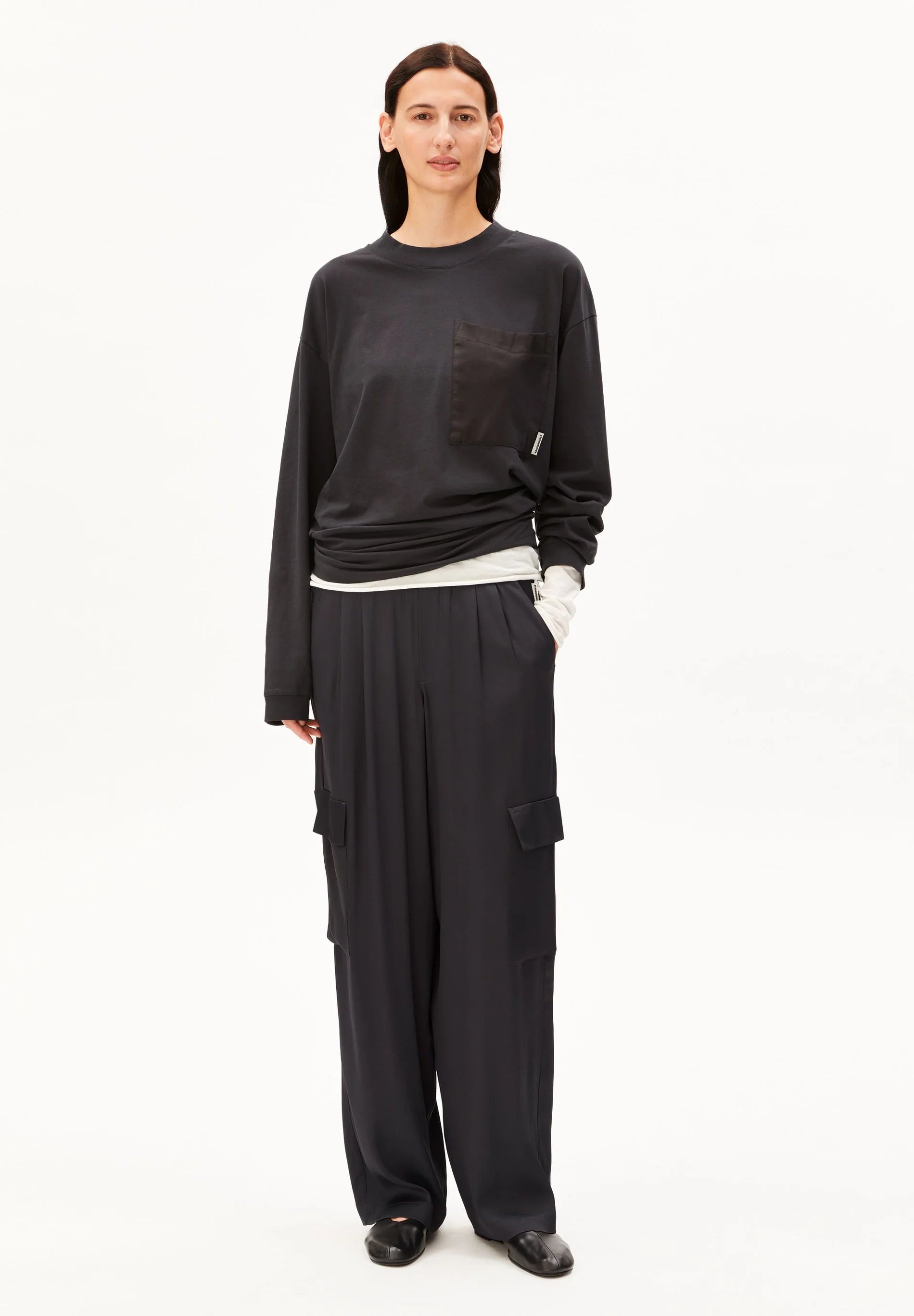 satin pull on wide cargo pant dark steel