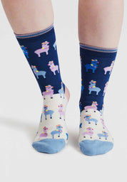 clara rainbow llama organic cotton socks violet blue