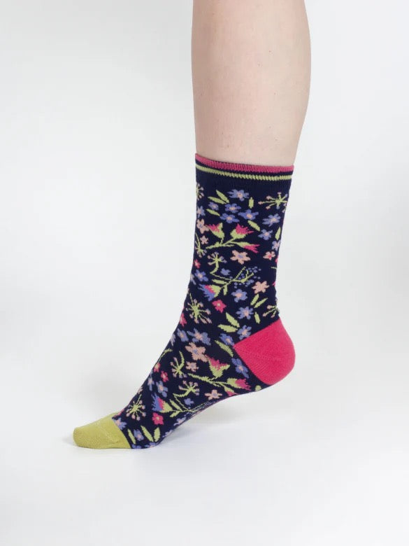 ditsy floral bamboo crew socks navy multi