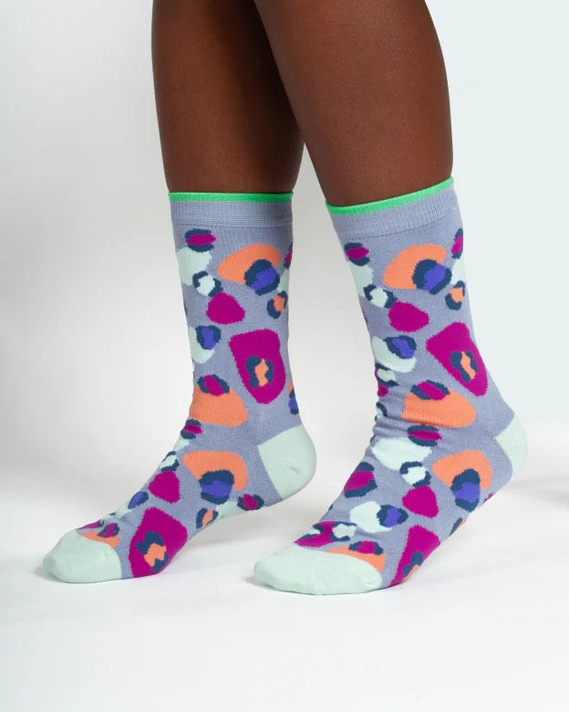 multi leopard print organic cotton socks light blue