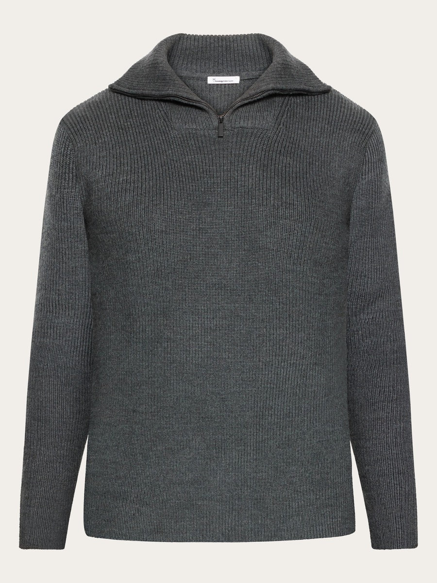 1/2 neck zip merino wool rib knit dark grey melange