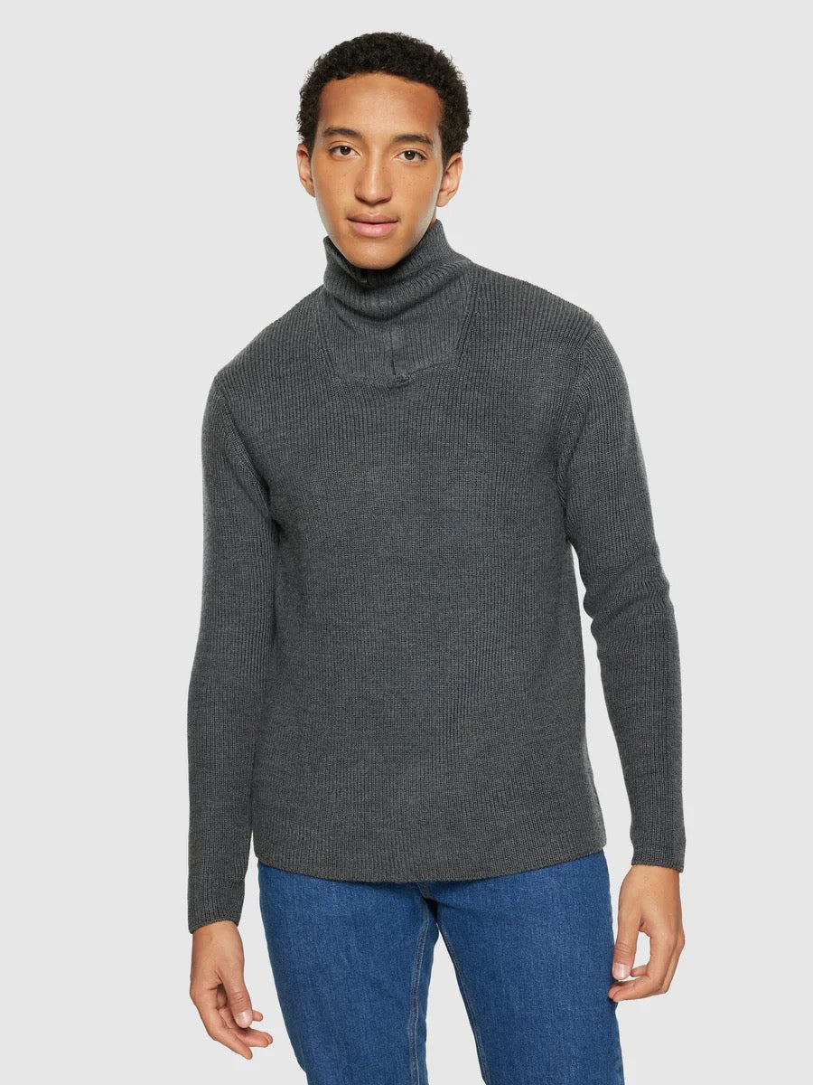 1/2 neck zip merino wool rib knit dark grey melange