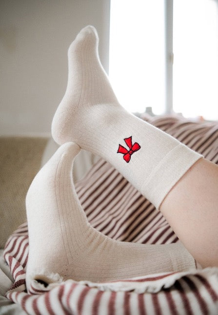 unisex gerippte socken stickerei 1er pack cream melange / bow