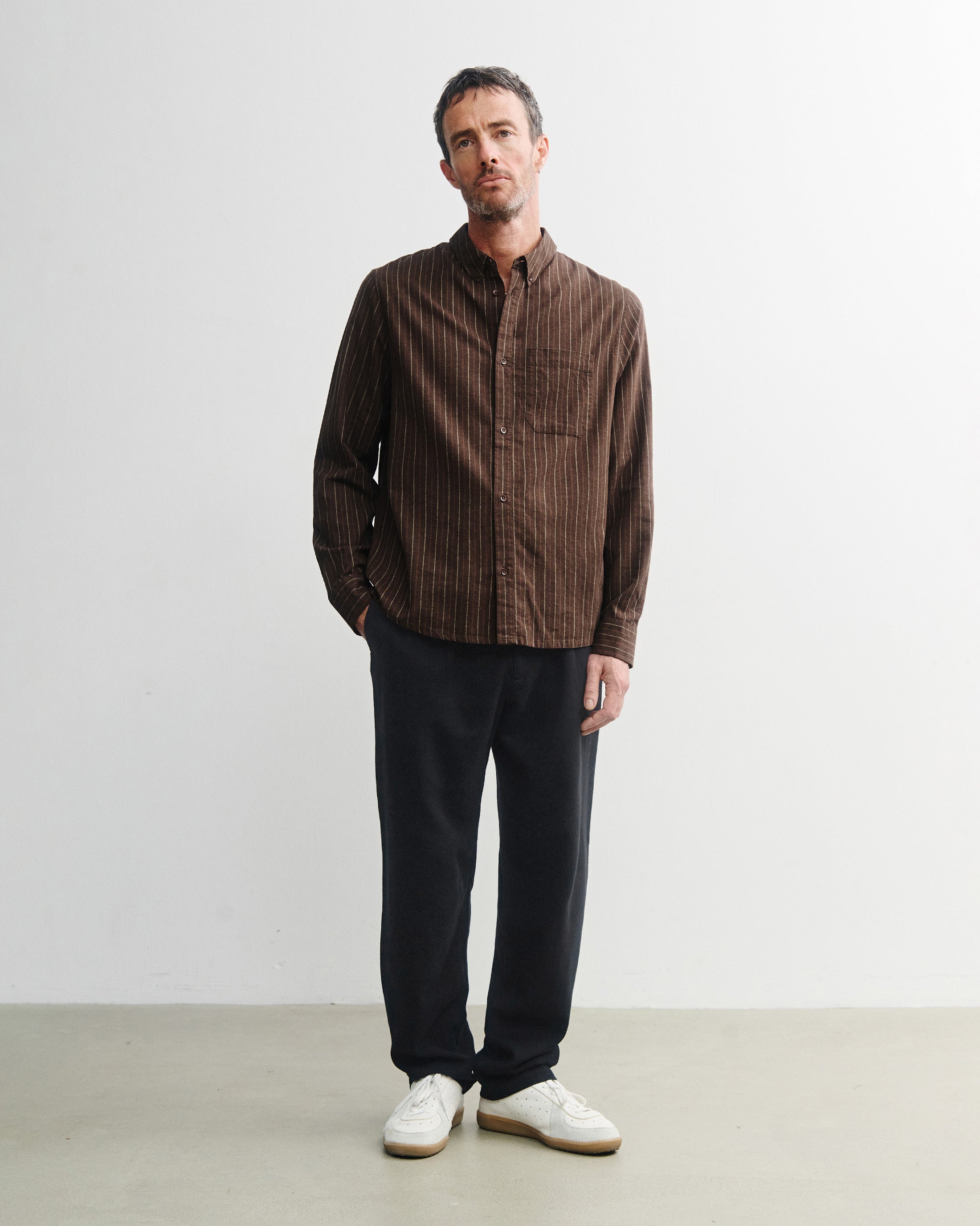 button-down shirt brown stripe