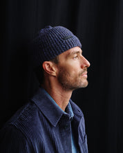 cropped ribbed beanie merino wool speckled blue
