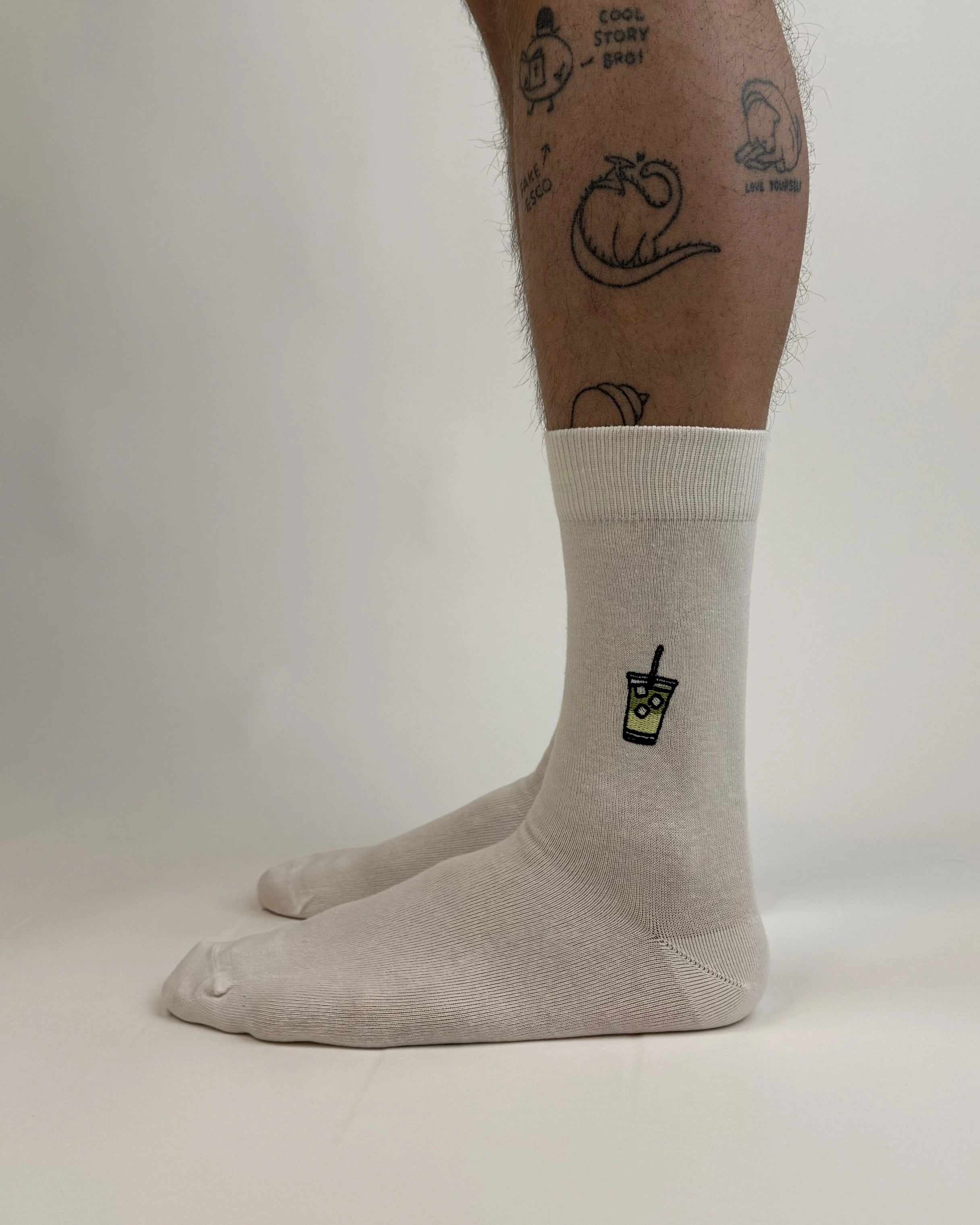 sock embroidery iced matcha latte