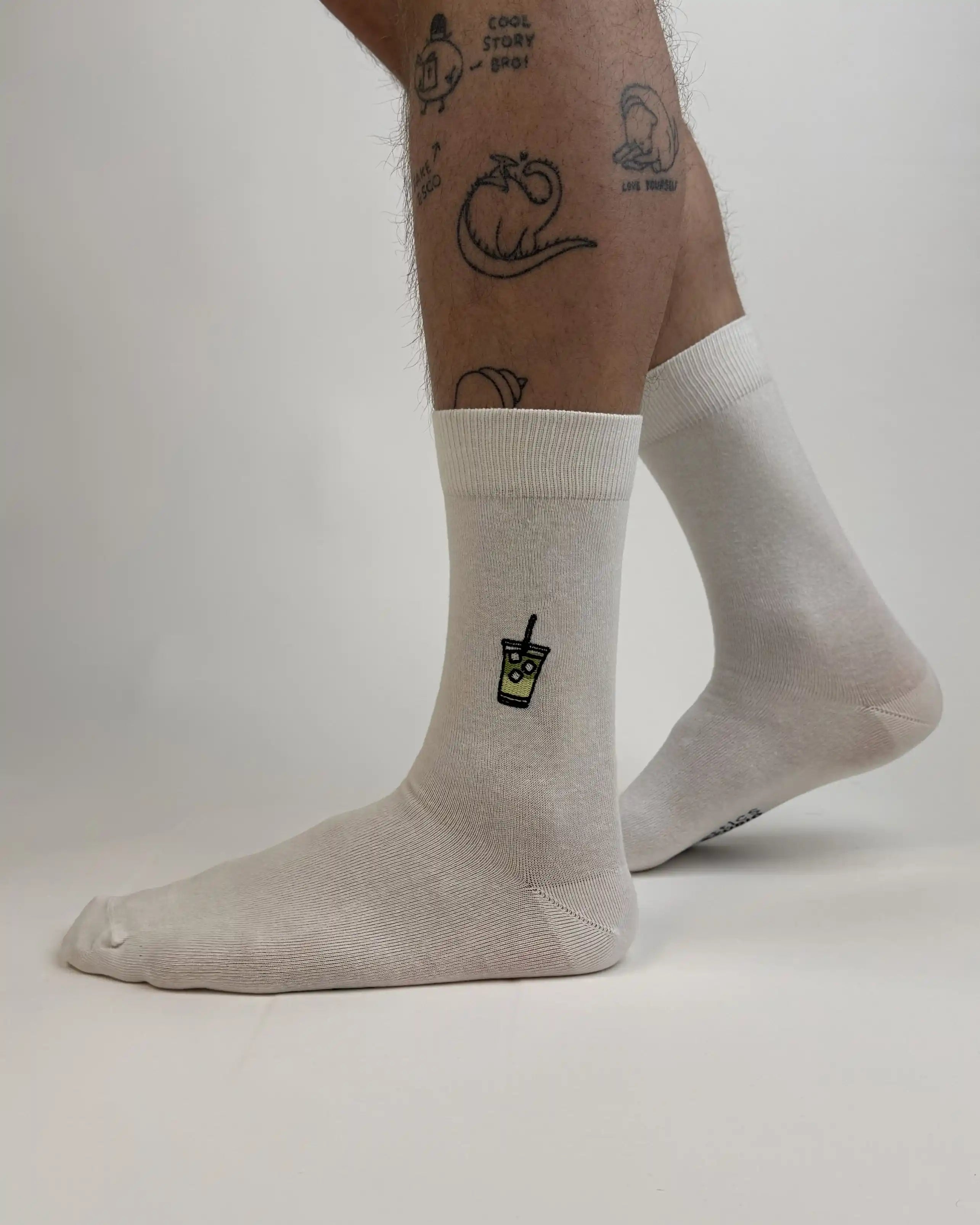 sock embroidery iced matcha latte
