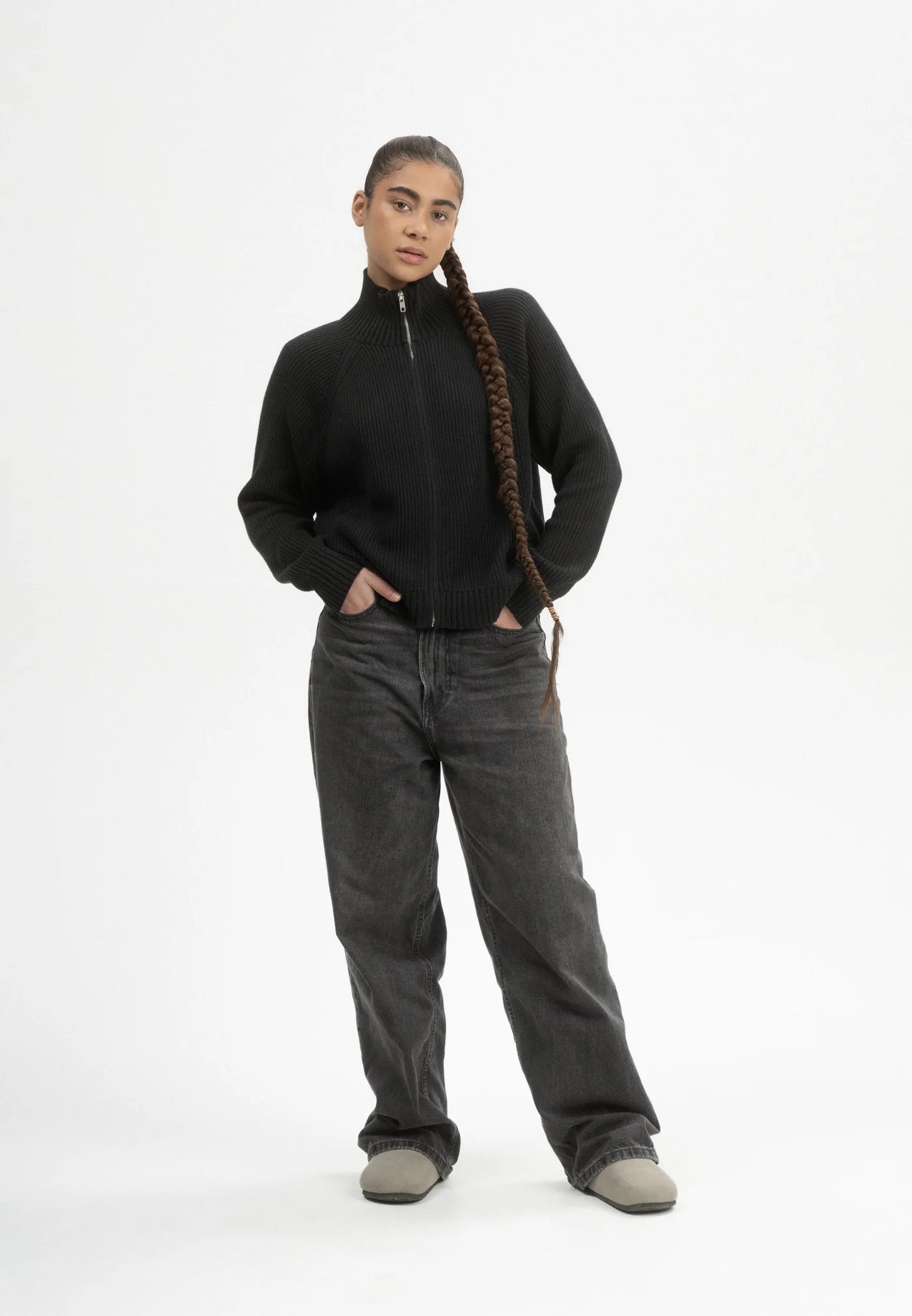 strickjacke rib knit zip jacket kamuka schwarz