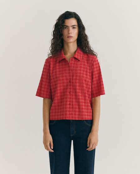 red checks seersucker ane blouse red